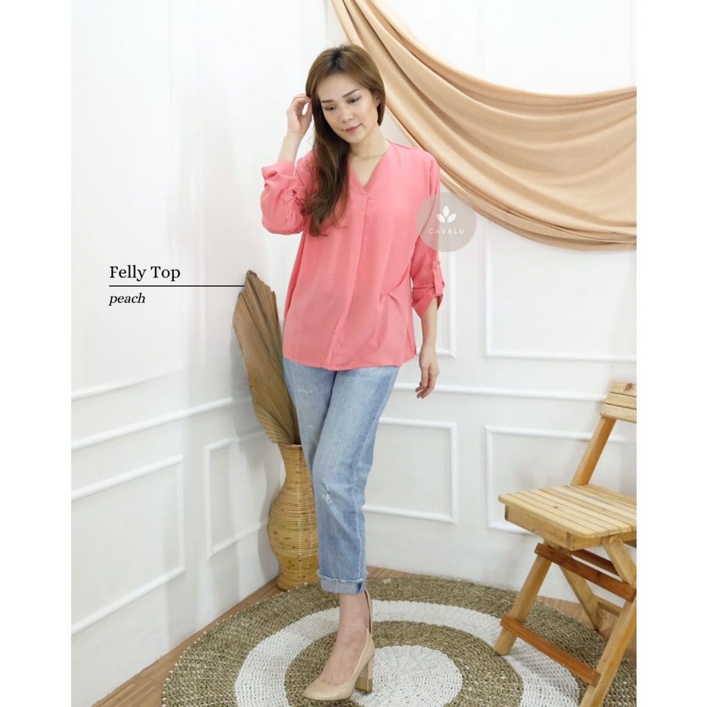 Atasan Blouse Wanita  V NECK Tangan Panjang CAVALU  FELLY TOP - KMJ 014