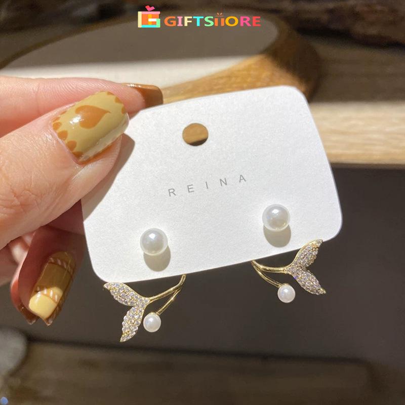 COD✨Anting Tusuk Sterling Silver 925 Model Ekor Ikan Hias Mutiara Elegan Ala Korea Untuk Wanita gs