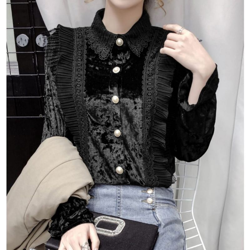 MDLV ~ 5281 Morecia Velvet Shirt Blouse Korea Blouse Premium Blouse Terbaru Blouse cewek Blouse Cantik Atasan wanita Blouse Velvet Fashion Import