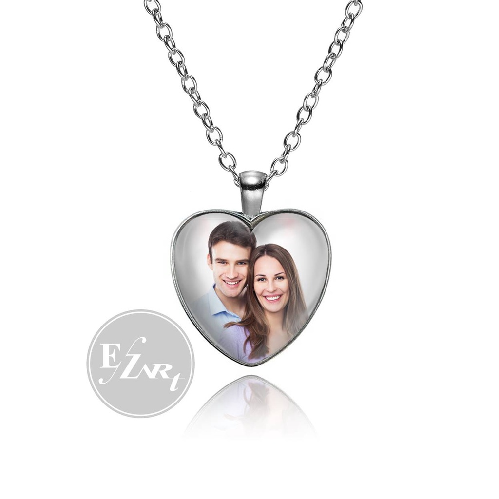 BISA CUSTOM FOTO - KALUNG LIONTIN KACA BENTUK HATI CINTA CEMBUNG TALI KULIT RANTAI STAINLESS STEEL REQUEST GAMBAR LOGO TULISAN INISIAL