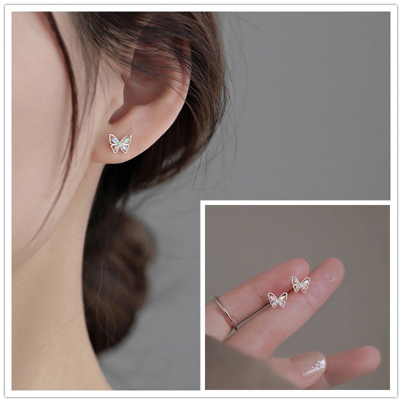 Anting Tusuk Motif Kupu-Kupu Bahan Alloy / Sterling Silver 925 Hias Berlian Imitasi Untuk Wanita