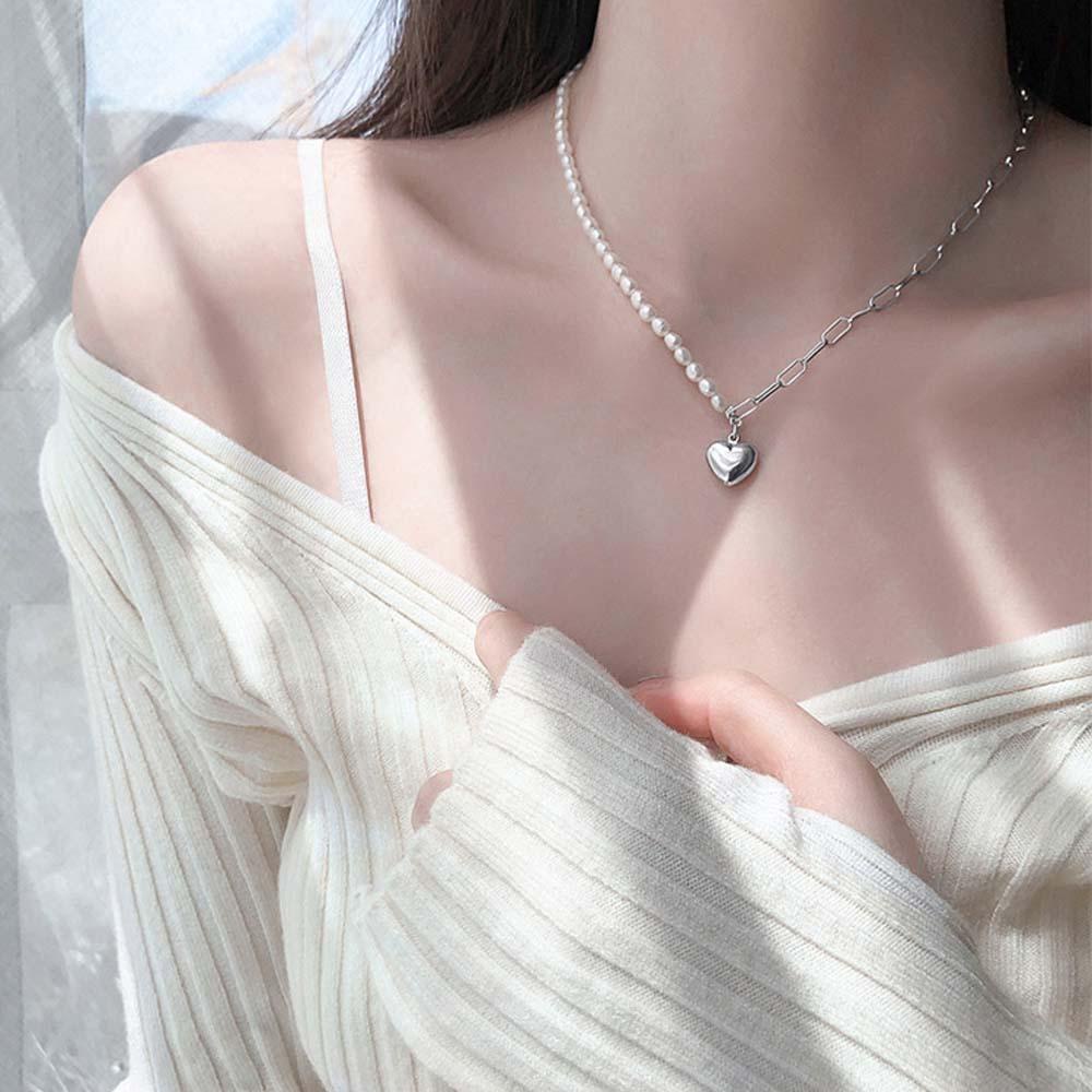 Mxbeauty Kalung Rantai Tembaga Liontin Hati Asimetris Hias Mutiara Untuk Wanita