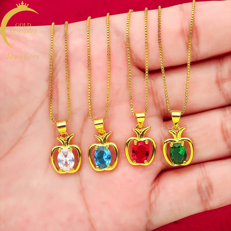 Kalung Lapis Emas Emas Asli Kadar 375Hias Liontin Apel Ikan Ruby Zamrud Sapphire Untuk Wanita