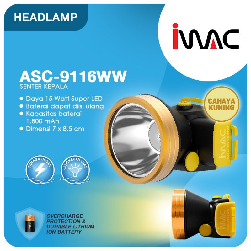 Senter Kepala 15 Watt Emergency / Senter Kepala 15Watt Darurat IMAC ASC-9116WW Warna Kuning Kabut He