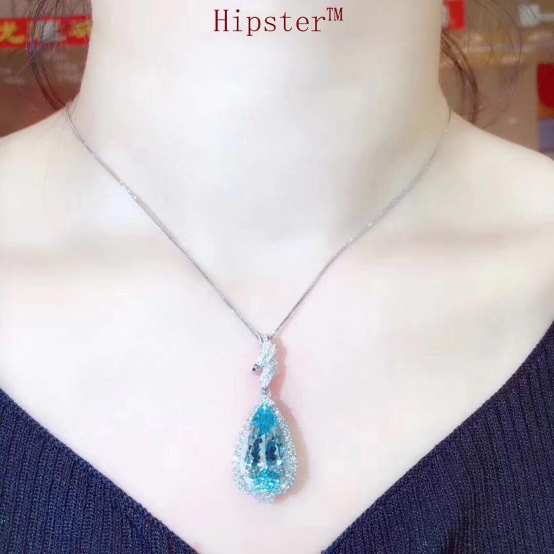 New Socialite Style Luxury Full Diamond Blue Crystal Pendant Necklace