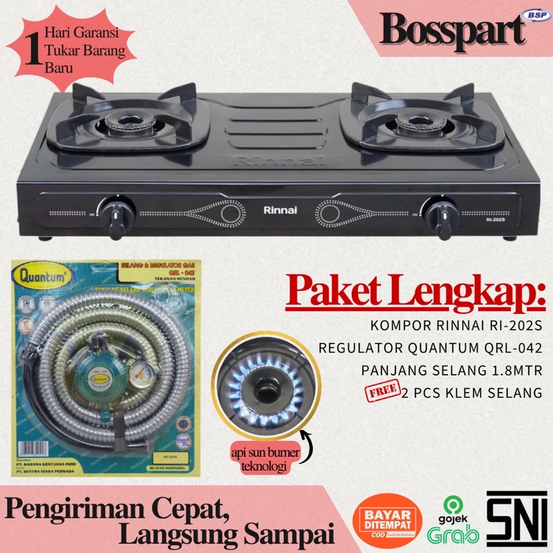 Paket Kompor Gas Rinnai 2 Tungku RI-202s bonus selang regulator gas Quantum / Kompor Rinnai RI202s