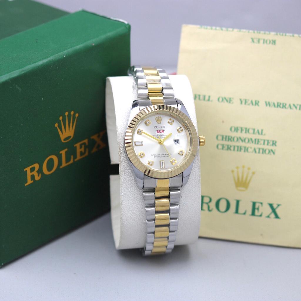 JAM TANGAN WANITA ROLEX RANTAI STAINLESS DIAMOND TANGGAL AKTIF TERBARU FREE BOX BUKU MANUAL &amp; BATERAI CADANGAN || JAM