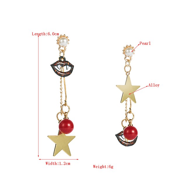 LRC Anting Tusuk Fashion Red Halloween Five-pointed Star Imitation Pearl Lips Irregular P50058