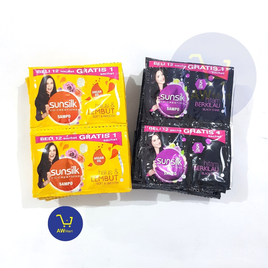 SHAMPOO SUNSILK 12 SACHET RENCENG X 9ML (ISI 12 SACHET , 24 PCS) - SAMPO SUNSILK HITAM BERKILAU, HALUS LEMBUT