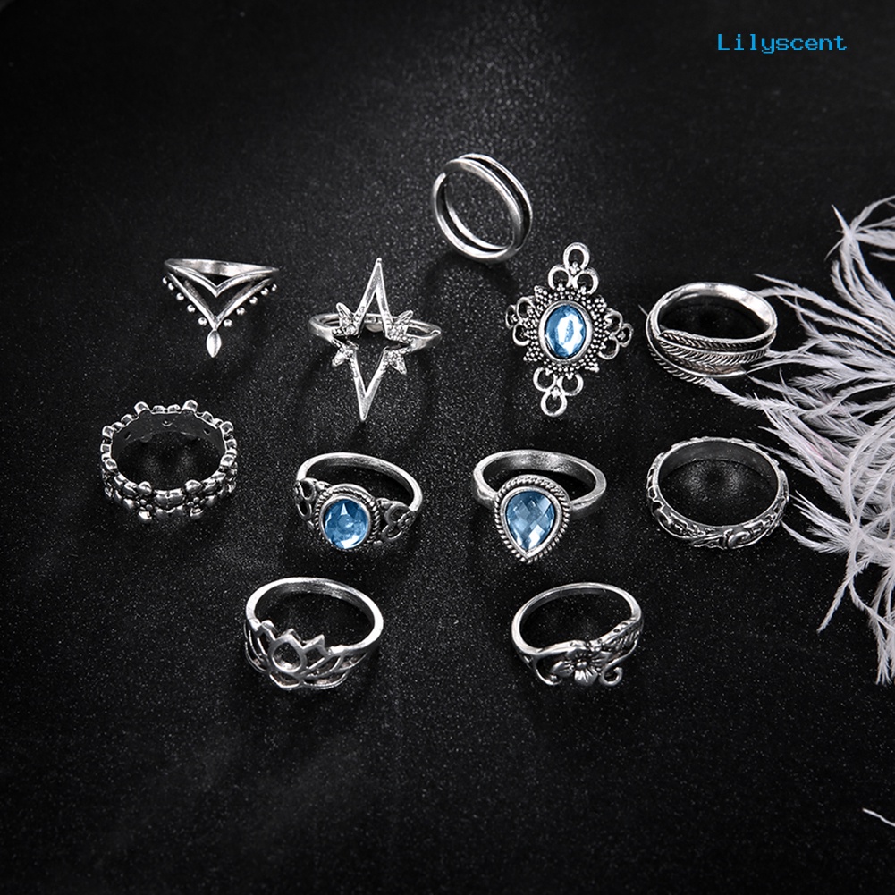 11pcs Cincin Knuckle Midi Model Hollow Aksen Berlian Imitasi Gaya Retro Untuk Wanita