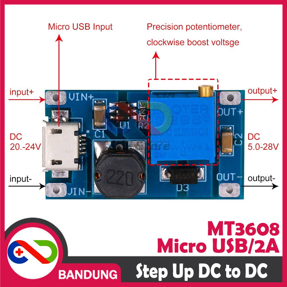 MT3608 ADJUSTABLE STEP UP BOOST DC MICRO USB 2A 2V-24V TO 5V-28V