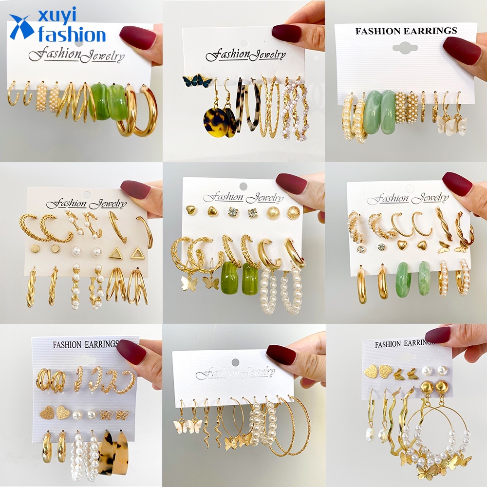 Vintage Gold Resin Butterfly Pearl Earrings Set Ins Fashion Stud Drop Hoop Earring for Women Jewelry Accessories