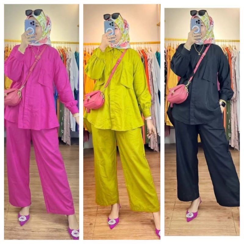 setelan kemeja ld 120 bahan rayon premium/oneset polos ful kancing lengan panjang/chaesa set