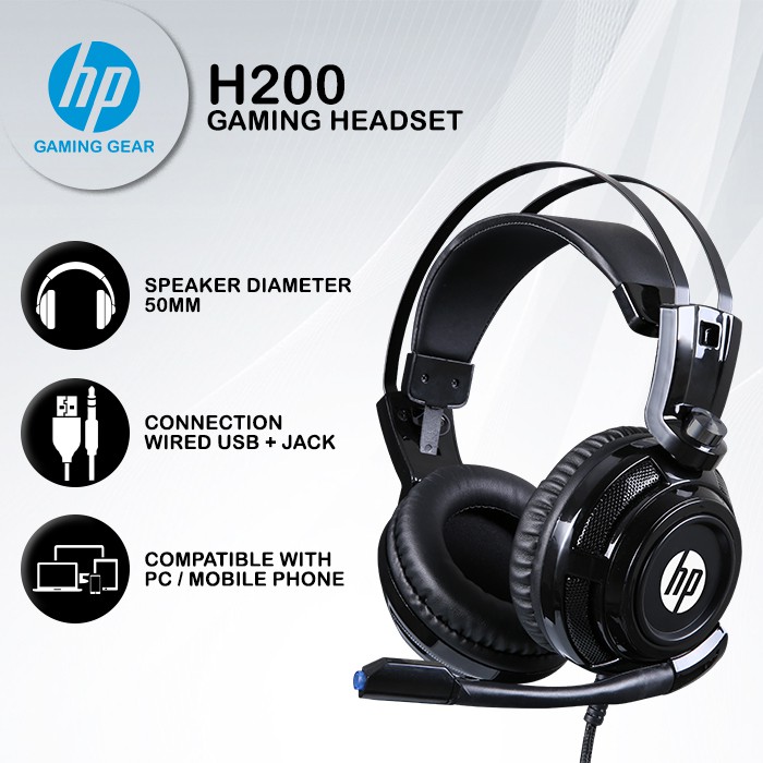 Headset Gaming HP H200 - Blue LED USB+Jack Wired | Shopee