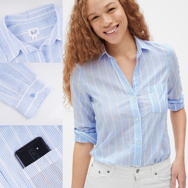 Kemeja Wanita - GAP Blue White Stripe Dobby Shirt Pakaian Branded Original Asli Murah Meriah