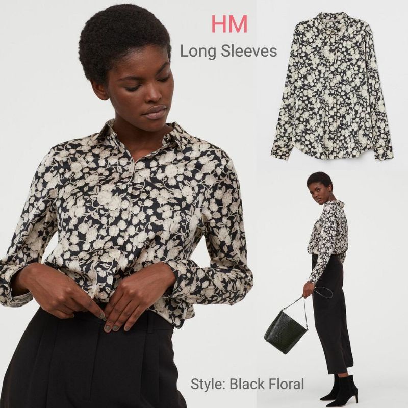 Kemeja Wanita HM longsleeve black floral / Kemeja Wanita hnm hm h&M black floral