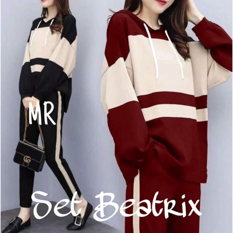 SET BEATRIX HOODIE FASHION PAKAIAN WANITA SETELAN ATASAN DAN CELANA JUMBO BIGSIZE BAHAN BABYTERRY MR ADA VIDEO REAL PICT