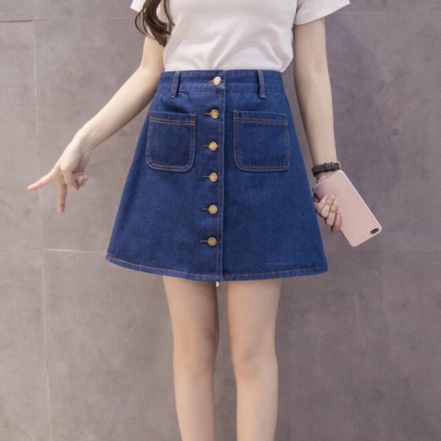 rok denim a line rok kancing button skirt denim