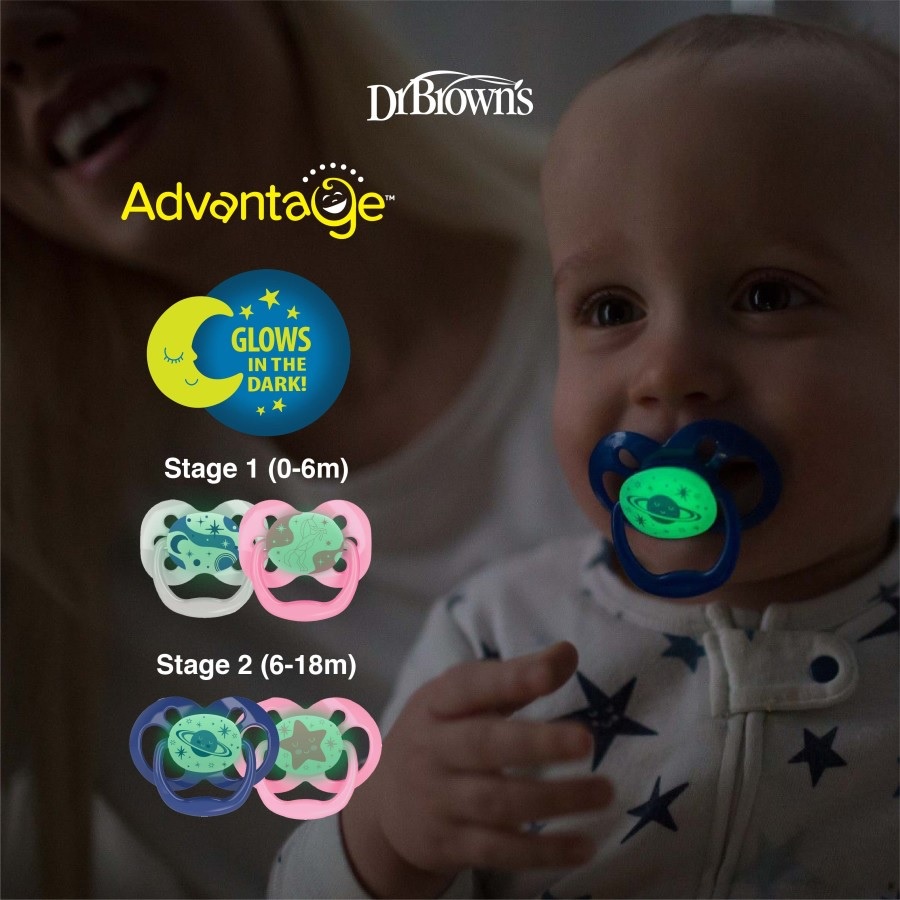 Dr. Brown's Advantage Glow In The Dark 6-18m Silicone Pacifier Stage 2 Isi 2 pcs Soother Pacifier Empeng Dr Browns WHS