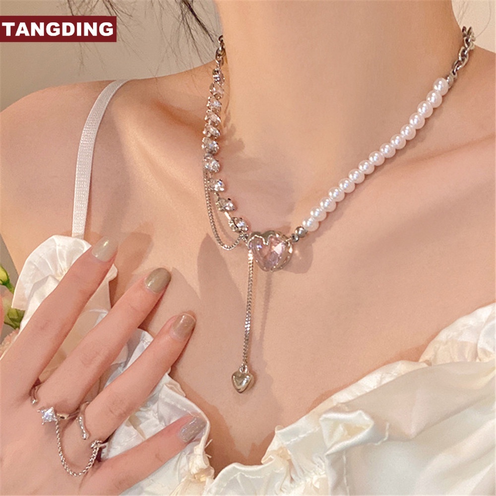 【COD Tangding】Kalung Rantai Klavikula Desain Hati Mosaik Aksen Mutiara Untuk Wanita