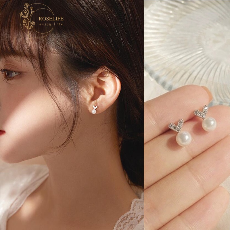 Roselife 1 Pasang Anting Tusuk Sterling Silver 925 Desain Hati Hias Kristal / Mutiara Anti Alergi Untuk Wanita