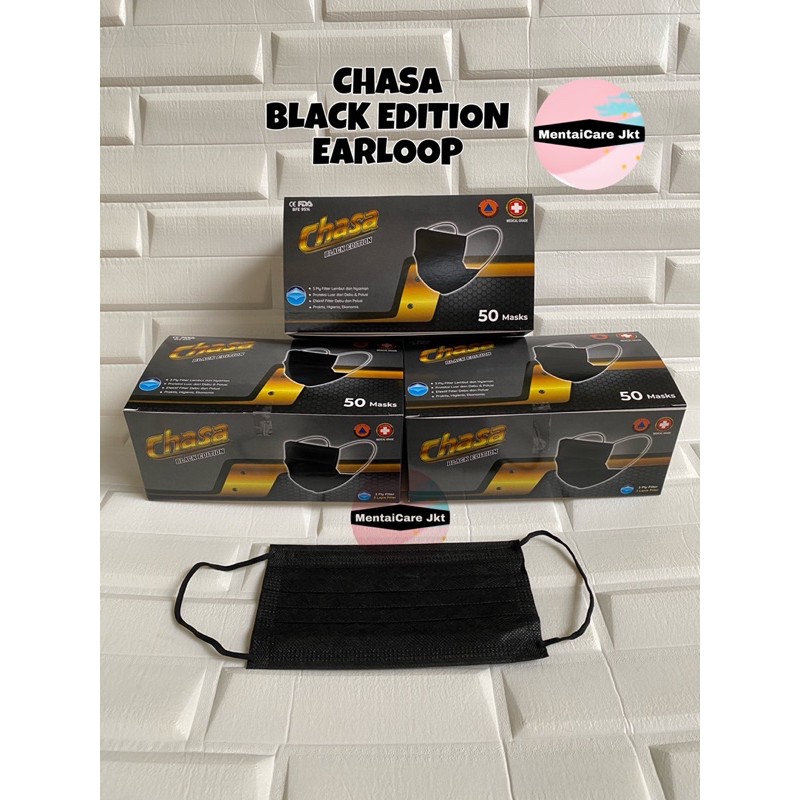 Chasa BLACK EDITION Earloop 3ply disposable mask masker bedah hitam