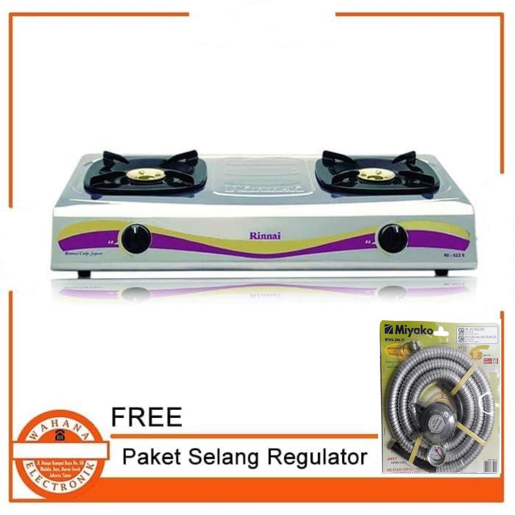 PROMO !!! Rinnai RI-522E Stainless / Kompor Gas 2 Tungku FREE Paket Miyako Selang Regulator Gas Meter