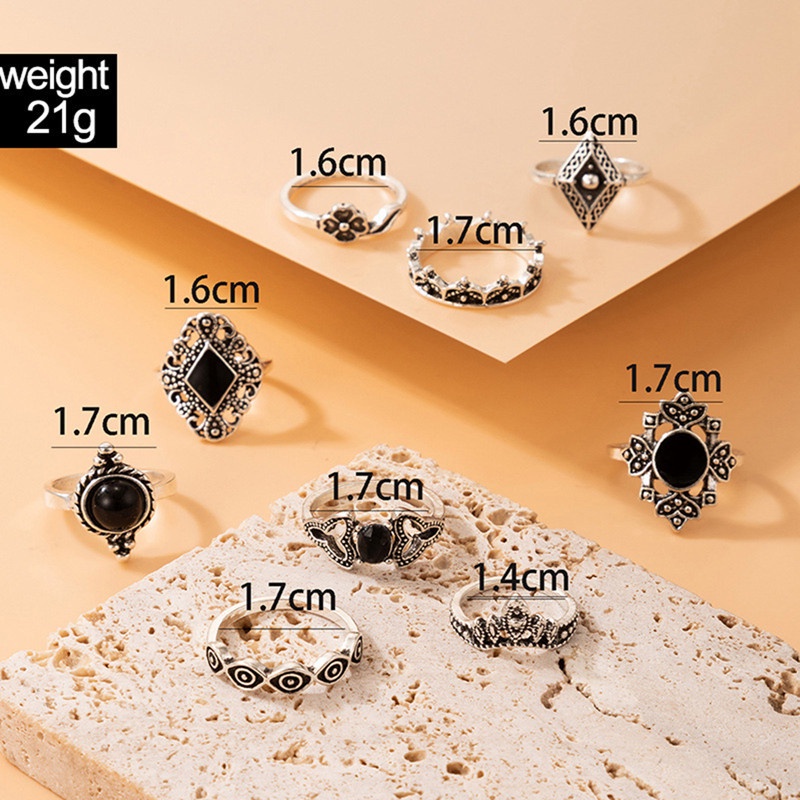 Fancyqube 9pcs / Set Cincin Wanita Desain Geometri Hias Kristal / Berlian Imitasi Hitam Untuk Pernikahan