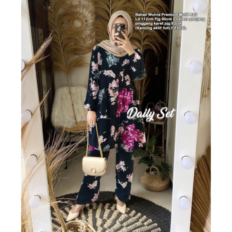 P01US Set Daily Rose/Stelan Busana tunik fashion wanita terbaru/Set Celana pnjng wanita full motif/