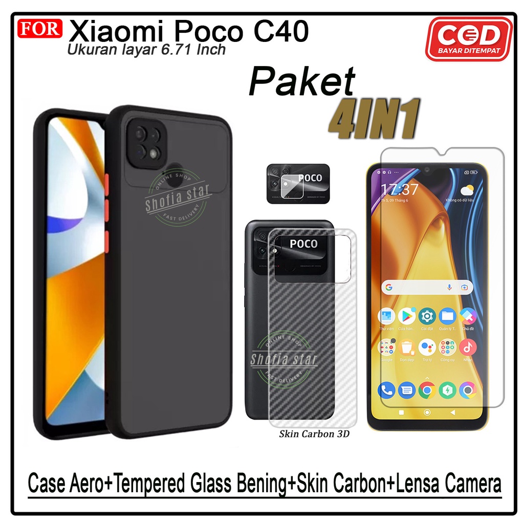 PAKET 4IN1 Case Xiaomi Poco C40 Softcase Aero Dove Black Transparan Protect Camera Premium Casing