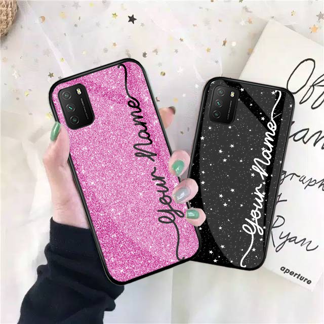 Custom Nama Softcase Glass Glitter Untuk Semua Tipe HP - Softcase Glass - Custom Case Nama - Softcas