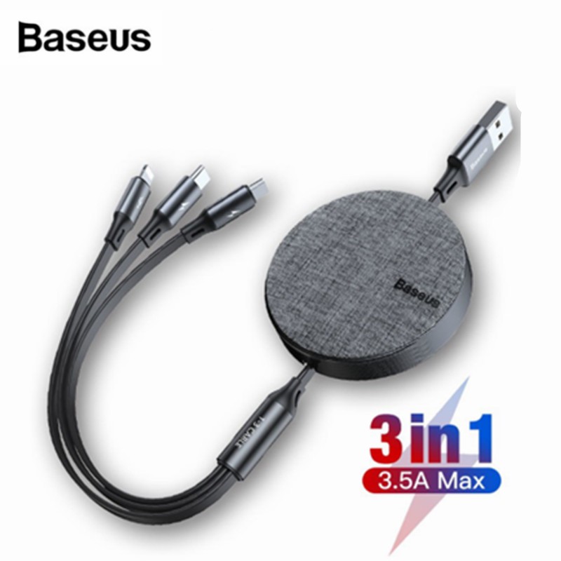 Baseus Kabel Data / Charger 3 in 1 USB Tipe C / Micro USB Bahan Kain Flexible Untuk Phone