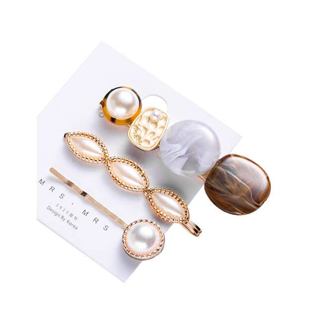 LRC Jepit Rambut Fashion Gold Color Geometric Acrylic Pearl Hair Clip Set F51602