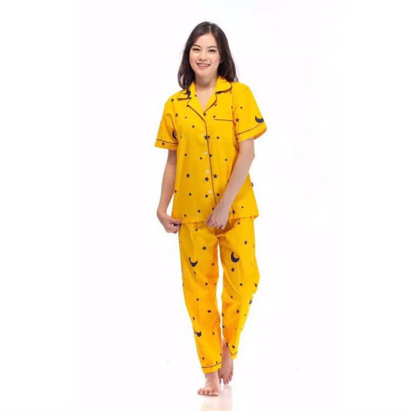 Piyama Wanita Baju Tidur Wanita Dewasa Baju Tidur Piyama Satin Apple-Moon Yellow