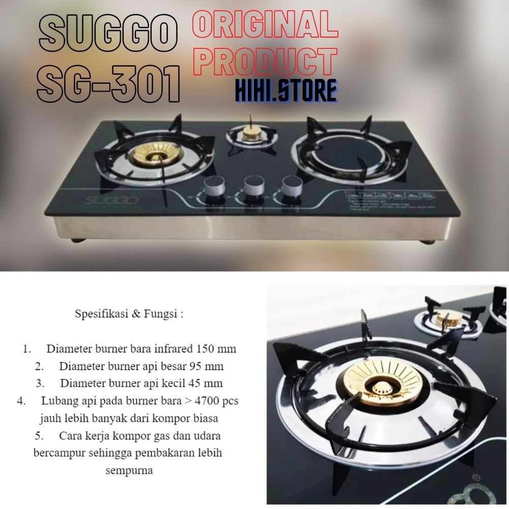 Kompor Gas Tanam Infrared Kaca Suggo 3 Tungku SG-301 - Kompor 3 Suggo Tungku SG-301
