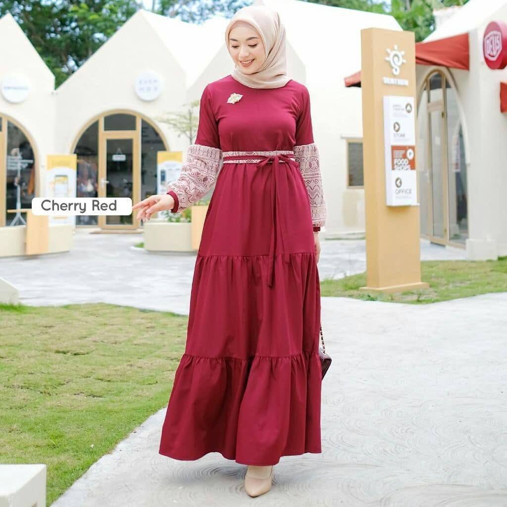 Nadira Gamis Wanita Turkey Shakila Premium Dress Lengan Panjang Brukat Malika Abaya Muslim Rempel Kombinasi Obi Baju Muslim Kekinian