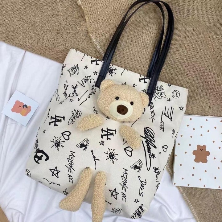 Tas Tote Bahu Shoulder Bag Wanita Bahan Kanvas Motif Boneka Bear lucu Impor terbaru 2020