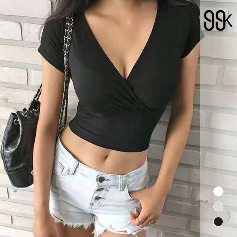 Sexy V-neck T-Shirt Crop Top Kaos Wanita 1052 (S-XL)