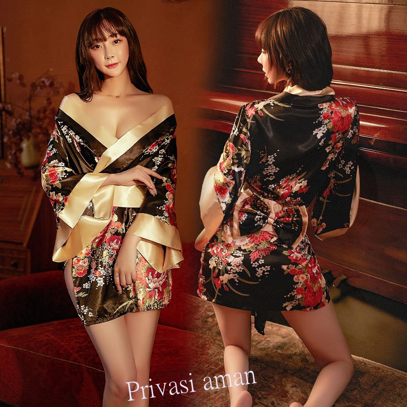 Lingerie Sexy Kimono Cosplay Kostum Satin leher V Wanita Baju Tidur Set 3A398