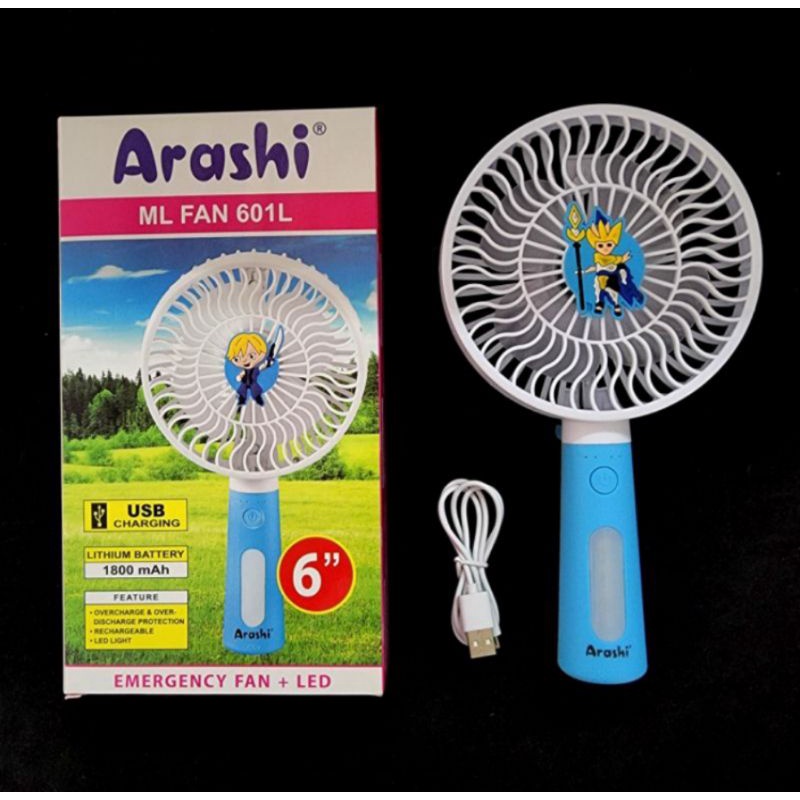 Kipas genggam portable jumbo 6 inci Arashi 601L Handy fan portable dan lampu emergency lamp rechargeable