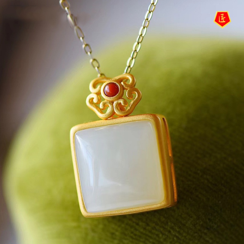 [Ready Stock]Hetian Jade Necklace Women's Small Square Pendant Chinese Style Classical Retro