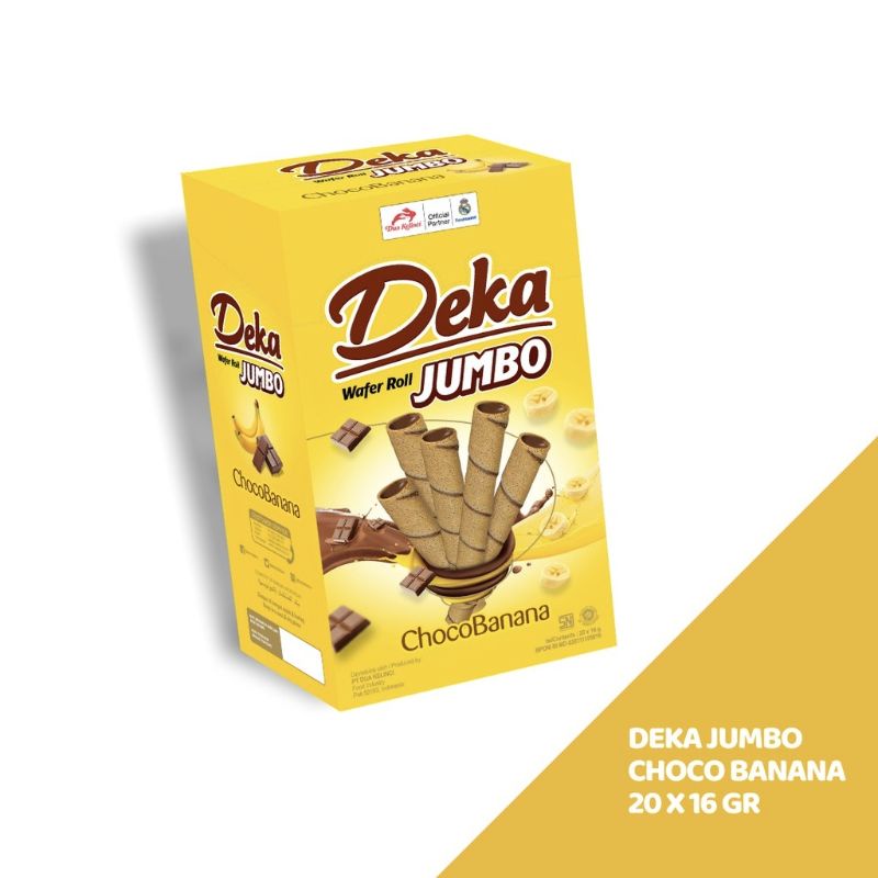 

Deka Wafer Roll Jumbo Choco Banana 16 gram (1 box isi 20 pcs)