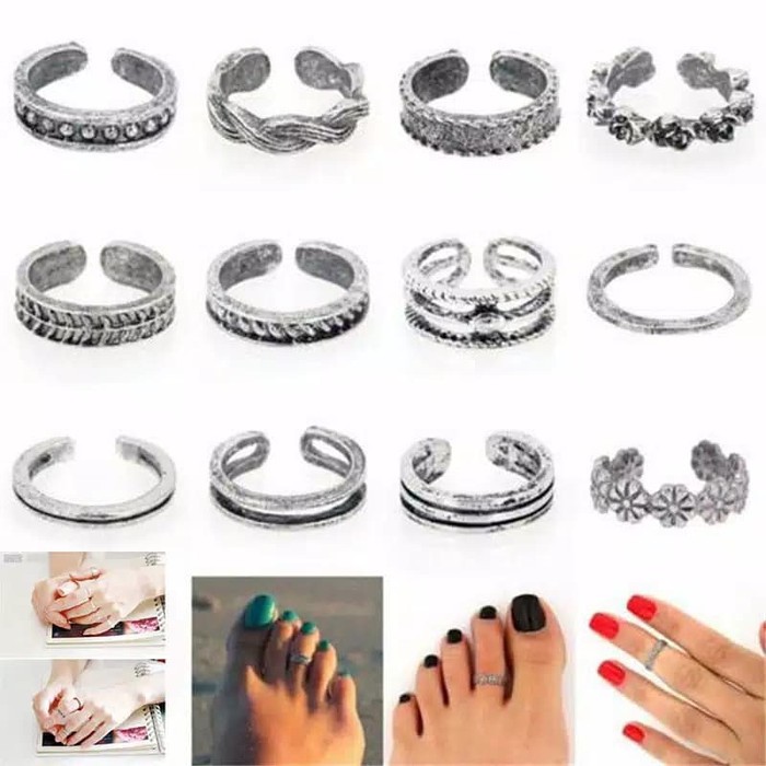 12Pcs Cincin Jari Kaki Motif Bunga Klasik Open Toe Adjustable