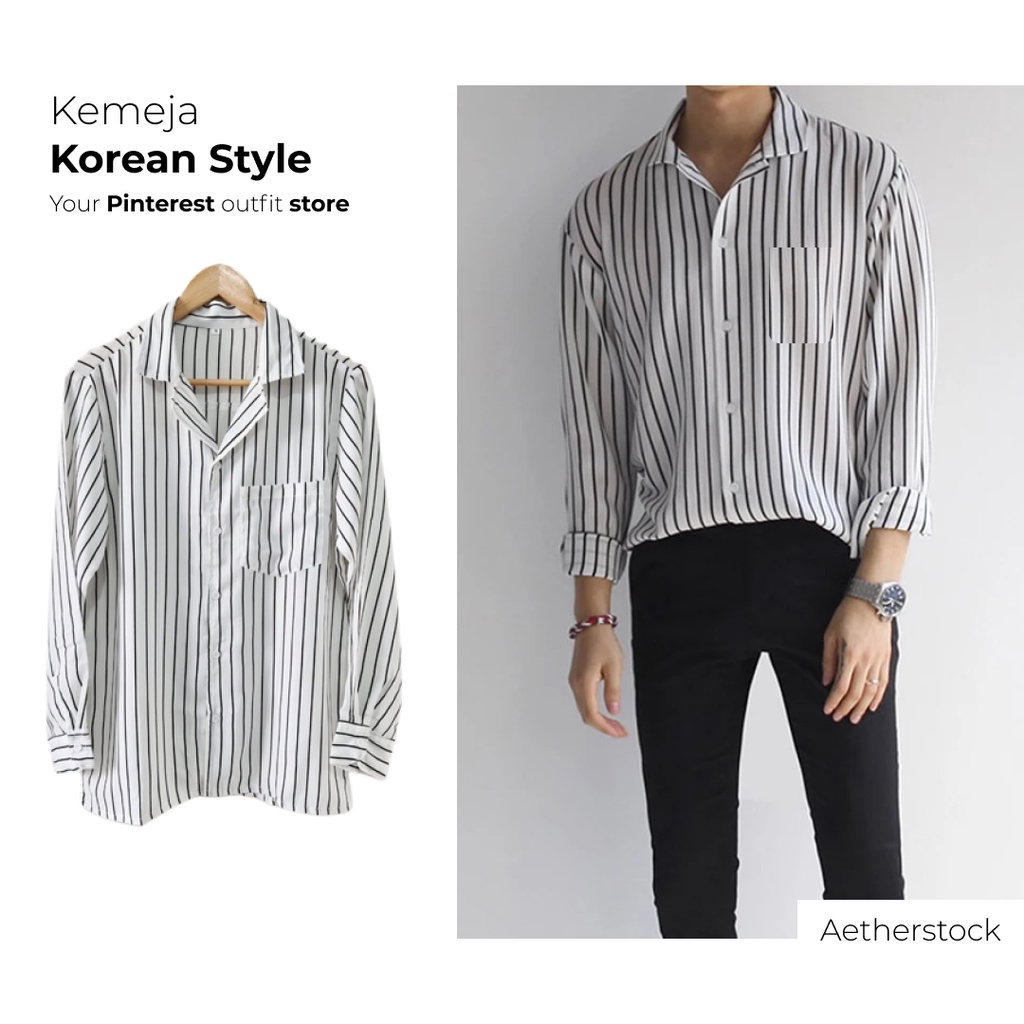 baju Kemeja stripe garis garis v neck pria dan wanita lengan panjang hitam puth - kemeja garis garis