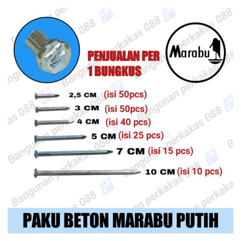 MARABU PAKU BETON PUTIH HARGA 1 PAK PILIH UKURAN DI VARIAN/PAKU BETON MURAH