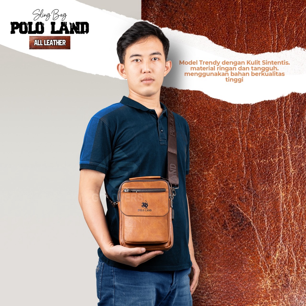 Tas Selempang Pria Kulit Slingbag Cowok POLO LAND Original Free Kabel USB - Goldiesbags