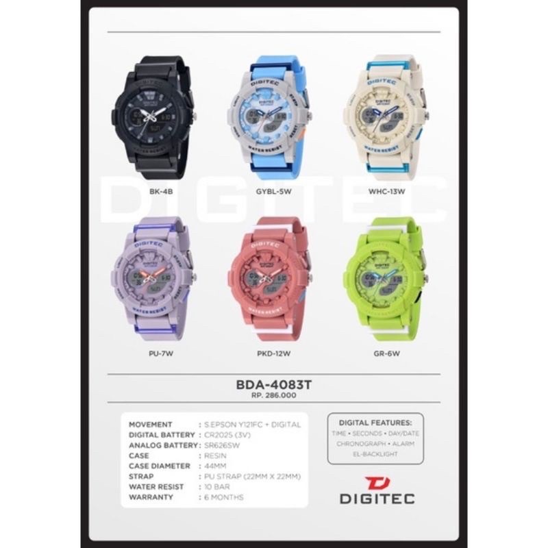 ORIGINAL JAM TANGAN WANITA DIGITEC BDA 4083 / 4073T  DIGITAL DOUBLE TIME SPORTY ALARM STOPWATCH ANTI AIR WATER RESIST GARANSI