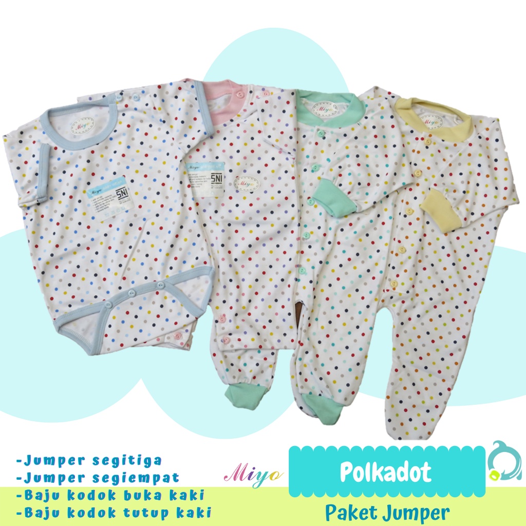 MIYO PAKET Isi 4 ( Salur / Polkadot / Merah ) Jumper / Baju kodok buka kaki / tutup kaki / Sleepsuit