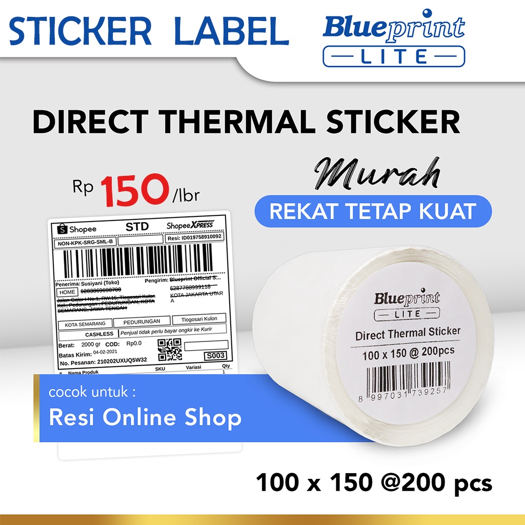 

KERTAS LABEL THERMAL LITE 100X150MM isi 200 DTS STIKER LABEL RESI ONLINE SHOP / EKSPEDISI STICKER DIRECT BARCODE 100 X 150 mm 200pc