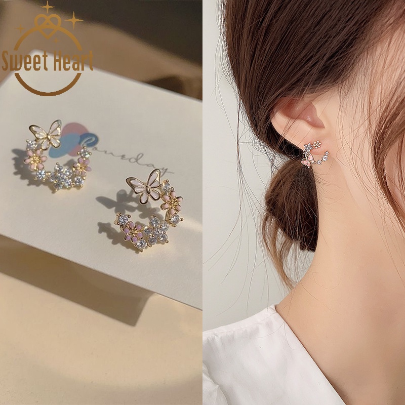 Anting S925 Silver Needle Bentuk Hati Pita Warna Pink Gaya Korea Untuk Wanita